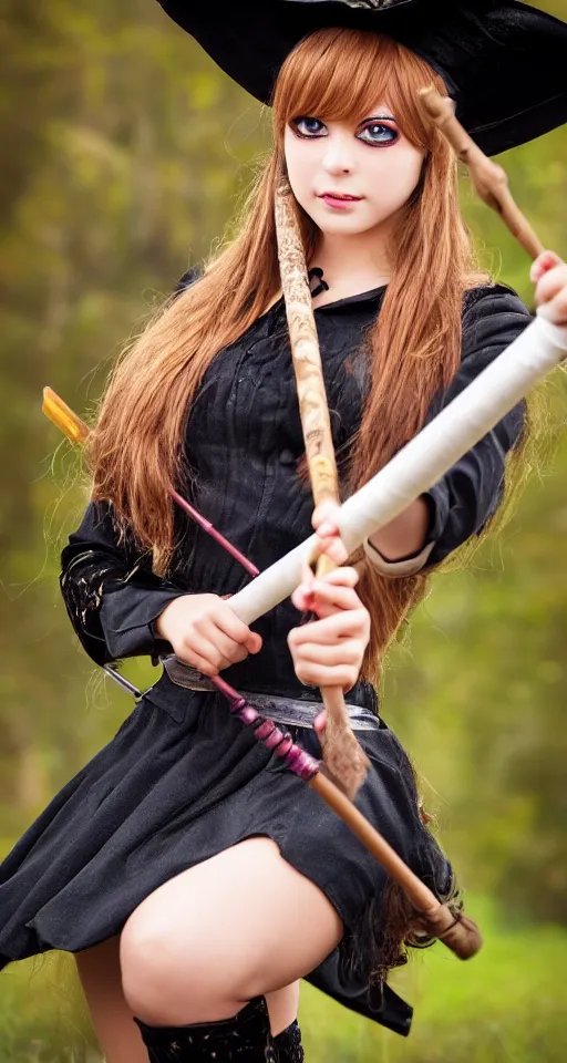 Image similar to young woman witch with magic wand and broom cosplay, she wears boots, full body shot, detailed face, photo taken by nikon, 4k, high quality, very detailed, intricant