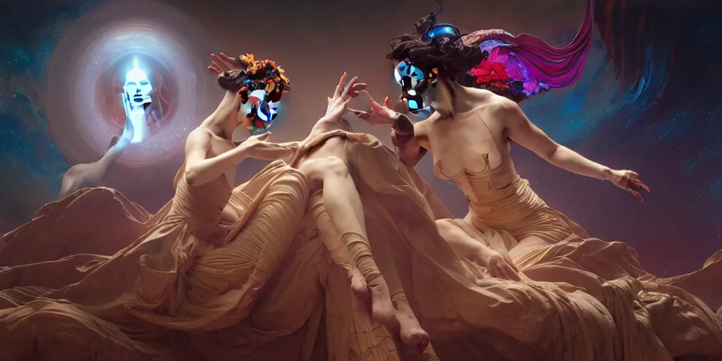 Image similar to the creation of adam, ultra detailed female android deity, scifi, octane render, ( dia de los muertos ), matte painting, asymmetrical, intricate concept art, triadic color scheme, art by artgerm and michelangelo and dzo and greg rutkowski and alphonse mucha and wlop
