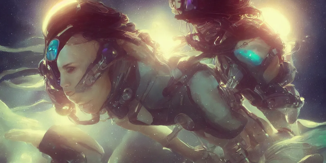 Image similar to dream zoe kravitz astronaut, underwater in the ocean at night, atmospheric, volumetric lighting, glowing lights, 4k, octane, digital painting, artstation, concept art, sharp focus, illustration, art by artgerm and greg rutkowski and alphonse mucha