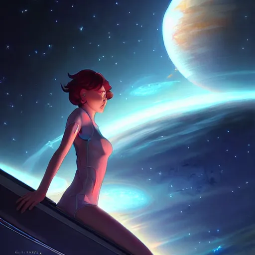 Prompt: beautiful painting fully automated luxury space communism, by charlie bowater, ross tran, artgerm, and makoto shinkai, detailed, inked, western comic book art