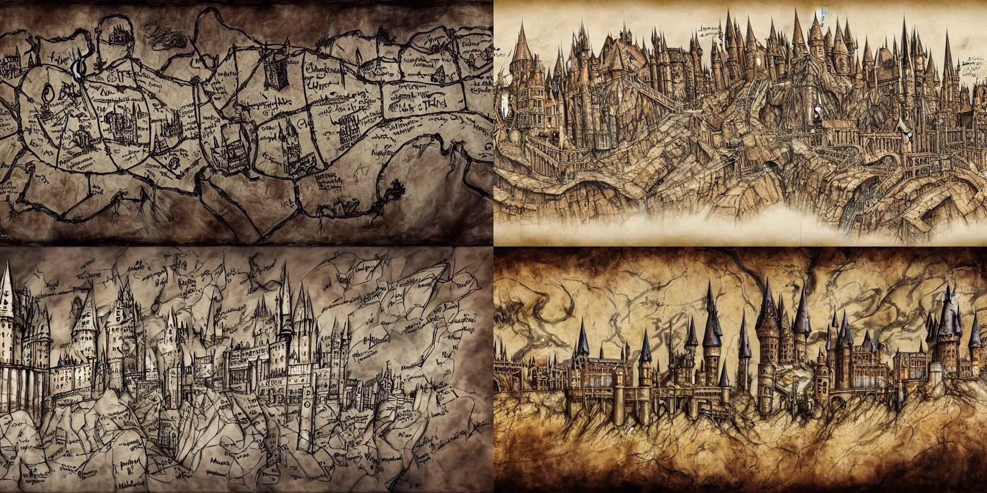 Prompt: concept art from harry potter movies, marauders map of hogwarts school, with names, mischief managed, ink painting on realistic ripped leather, octane render, 8 k