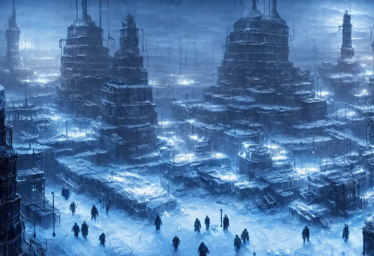 Image similar to frostpunk style concept art of frozen city with industrial machines, matte painting, beautiful render, octane render, concept art