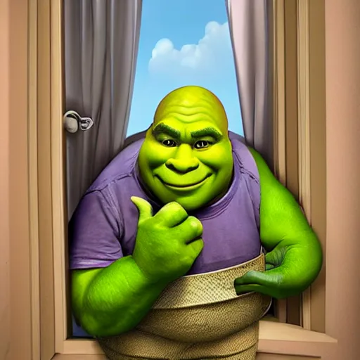 Image similar to shrek creeping into room, pov from bed