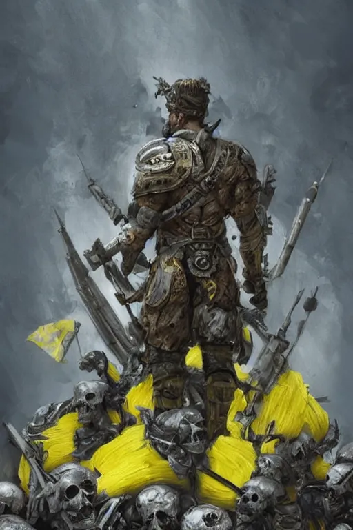 Image similar to a distant shot from behind of a Ukrainian super soldier with blue and yellow flag behind him standing alone on a huge pile of skulls as a winner, masculine muscular figure, D&D, fantasy, intricate, elegant, highly detailed, extremely detailed, digital painting, artstation, concept art, matte, sharp focus, symmetrical, illustration, art by Artgerm and Greg Rutkowski and Alphonse Mucha