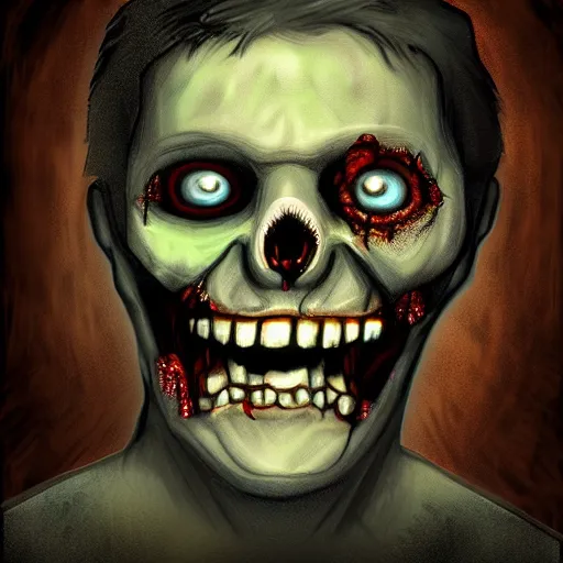 Image similar to smiling zombie portrait, digital art