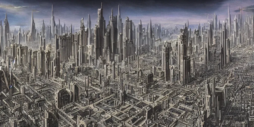 Prompt: a cityscape of a civilization millennia more advanced than our own with raypunk gothic aesthetics, brutalist architecture and an endless sprawl of streets as far as human eyes can see, giger influences, crystalline accent, sharp contrasting coloration