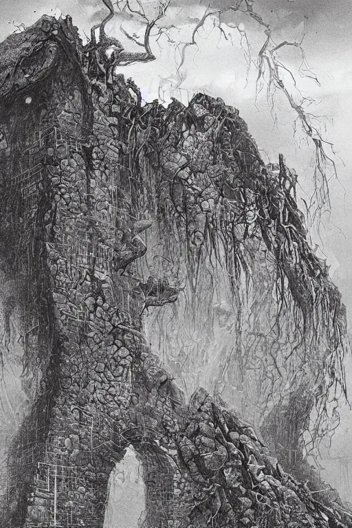 Image similar to The storms extol our ancient glory, great mounds feed us power from the sacred earth, intricate, elegant, digital mixed media painting, concept art, smooth, sharp focus, illustration, from 1961, by Bill sienkliewicz, Moebius and Stephen Gammell