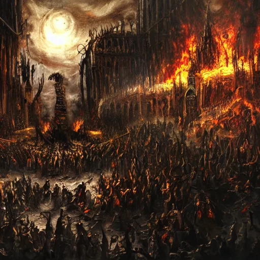 Image similar to a religious scene, chaos, night, rot, blood, epic art, dark souls, highly detailed, intricate background