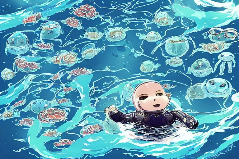 Image similar to “robot baby seals swimming through the Arctic Ocean, surrounded by fish and jellyfish, anime style”