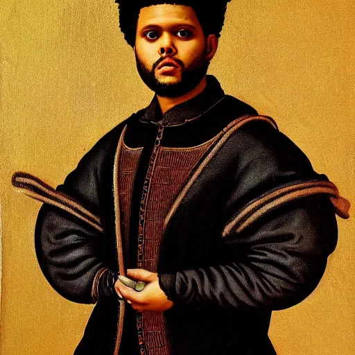 Image similar to a renaissance style portrait painting of the weeknd