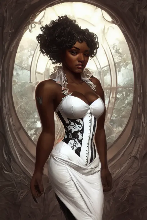 Image similar to cute black woman wearing a white corset dress, fantasy, intricate, highly detailed, digital painting, artstation, concept art, wallpaper, smooth, sharp focus, illustration, art by artgerm and greg rutkowski and alphonse mucha