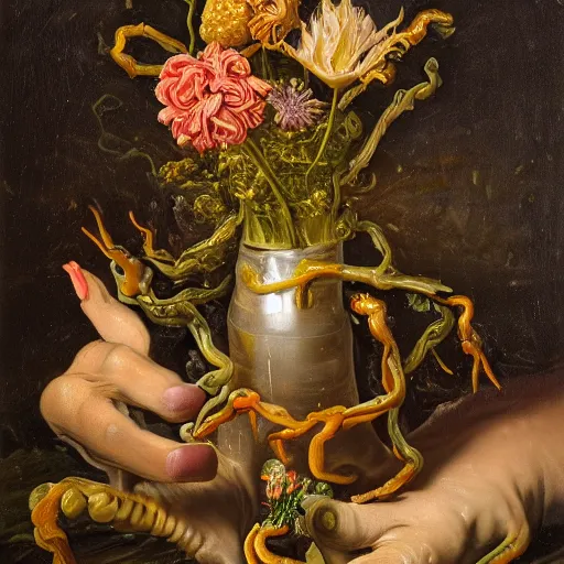 Image similar to disgusting disturbing strange dutch golden age oil painting bizarre mutant flower floral still life with many human toes realistic human toes blossoming everywhere insects very detailed fungus tumor disturbing tendrils bizarre slimy forms sprouting up everywhere by rachel ruysch christian rex van minnen black background chiaroscuro dramatic lighting perfect composition masterpiece high definition 8 k 1 0 8 0 p