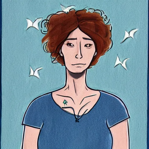 Image similar to portrait of lena headey as amelia from infinity train wearing a grey jumper and blue jeans, art by owen dennis,