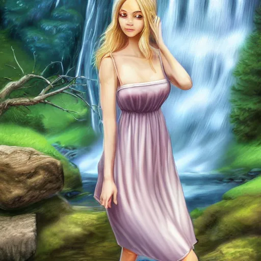 Prompt: beautiful woman in her late 20s wearing a cottagecore summer dress, light blonde shoulder-length hair, standing near a waterfall, 4k digital art, digital painting, highly detailed and intricate