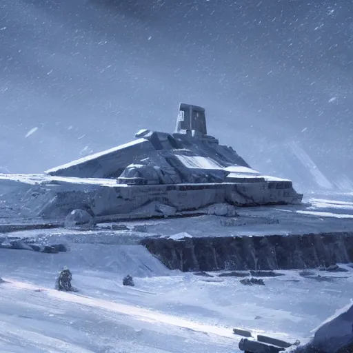 Image similar to a star destroyer looming over Hoth, artstation