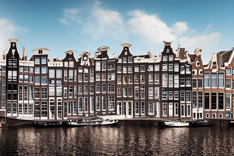 Image similar to view of houses in amsterdam, with water and boats, photography, 3 5 mm, hyper realistic, 8 k, unreal engine