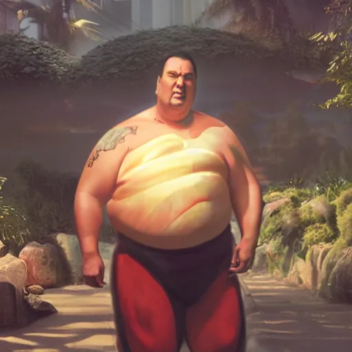 Image similar to hyper realistic, extremely obese steven seagal as scorpion from mortal komabt, unreal engine, greg rutkowski, beeple global illumination, translucent, sub - surface scattering,