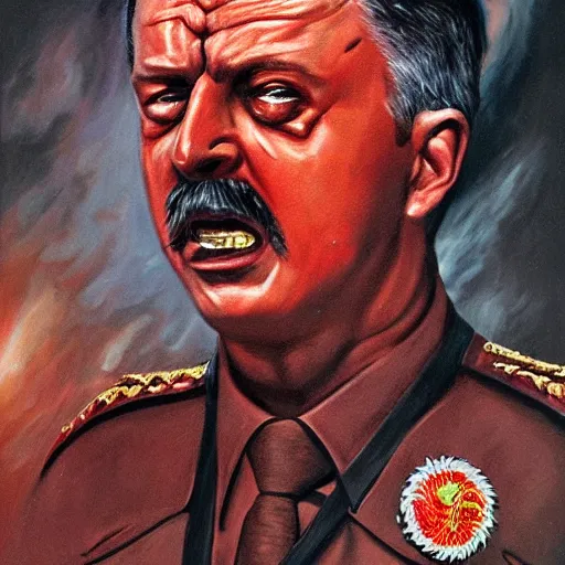 Prompt: igor ivanovich strelkov became an bloody angry degraded satanic hellfire demon and calling for total mobilization, photo - realistic, color image, 2 k, highly detailed, bodyhorror, occult art