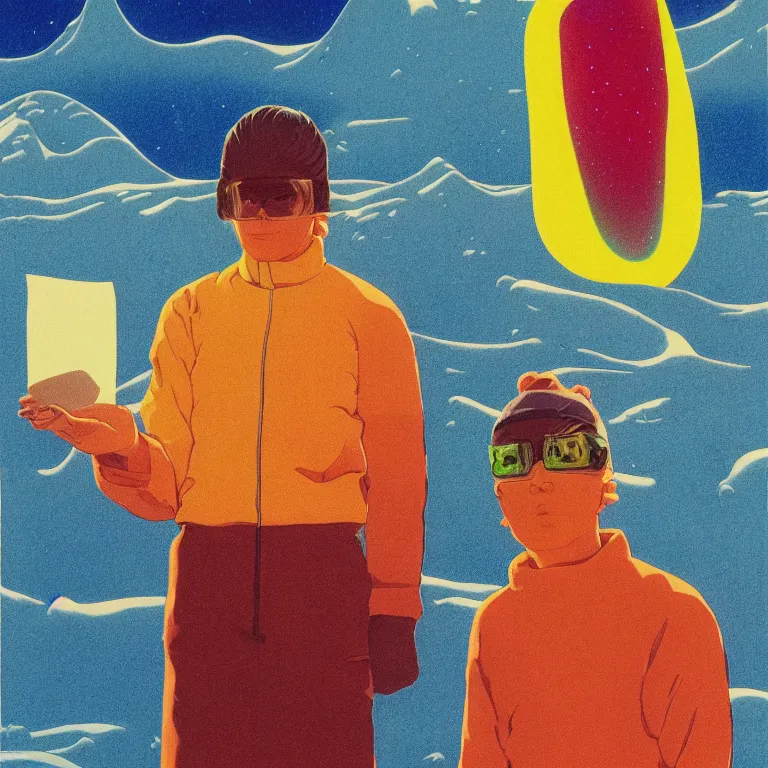 Prompt: an transparent glass portrait of a young american man holding a colorful blotter paper of lsd acid and dreaming psychedelic hallucinations in the vast icy landscape of antarctica, by soul bass, kawase hasui, moebius and edward hopper, colorful flat surreal design, xray hd, 8 k, artstation