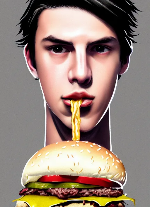 Image similar to portrait of teenage jughead jones wearing a light grey crown, crown, eating hamburger, eyes closed, crown, black hair, intricate, elegant, glowing lights, warm lighting, highly detailed, digital painting, artstation, concept art, smooth, sharp focus, illustration, art by wlop, mars ravelo and greg rutkowski