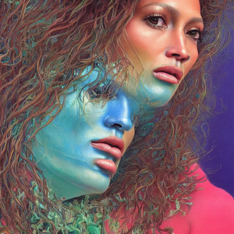 Image similar to Hyperrealistic intensely colored close up studio Photograph portrait of a deep sea bioluminescent Jennifer Lopez, beautiful face realistic proportions, sitting in a lawn chair in her back yard, award-winning portrait oil painting by Norman Rockwell and Zdzisław Beksiński vivid colors high contrast hyperrealism 8k