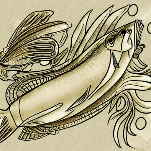 Prompt: esteemed ancient fish golden, anime style