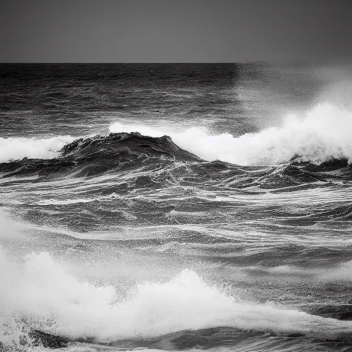 Prompt: dark ocean, towering waves, grey - scale, highly turbulent, deep focus, no sky, high point of view, hidden hands and faces