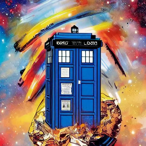 Image similar to a portrait of Doctor Who and the TARDIS, by MARVEL comics and Sandra Chevrier