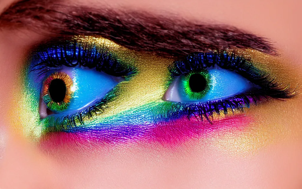 Image similar to closeup goldenhour photo of a pair of beautiful blue eyes of a woman with rainbow eyeshadow and ornate gold eyelashes, with rainbow light caustics