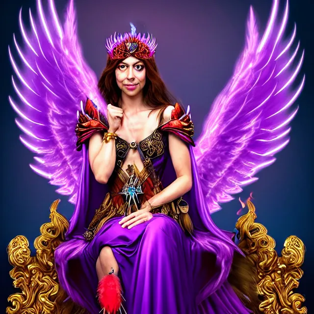 Image similar to Princess sorceress with red flaming bird wings on her back and sitting on an ornate throne dressed in a fancy purple dress, beautiful realistic face similar to aubrey plaza, Fantasy, Full Portrait, High detail, realistic, planeswalker