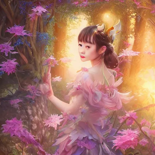 Image similar to Suzu Hirose as fairy princess in a magical forest at dusk lit by fireflies, ivy vine leaf and flower top, fantastical realism, Stanley Artgerm Lau, WLOP, Rossdraws, James Jean, Andrei Riabovitchev, Marc Simonetti, Yoshitaka Amano, digital art, artstation