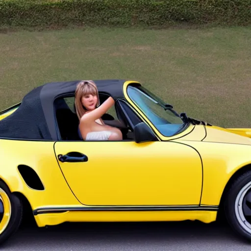 Image similar to an attractive young women reclining on a yellow 1 9 8 5 porsche 9 1 1 turbo, photo 4 k