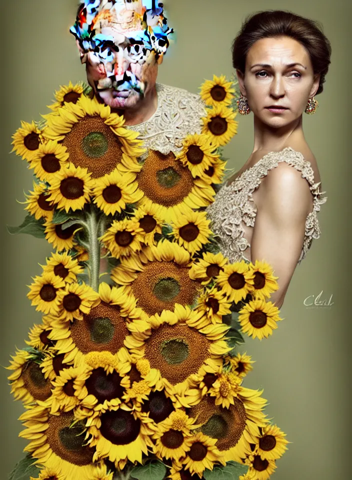 Image similar to photo portrait of Vladimir Putin - sunflowers - dressed in long elegant intricate ornamental sunflower dress, natural skin tone, highly detailed realistic flowers ornament in the upper side of breast, hair and wrinkles are intricate with highly detailed realistic flowers, elegant, Realistic, Refined, Highly Detailed, natural soft pastel lighting colors scheme, fine art photography by Cecil Beaton, volumetric lighting, hyper realistic photography