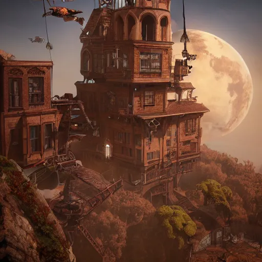 Image similar to flying steampunk fortress, extremely detailed, behrens style, unreal 5 render, fantasy digital art, octane render, beautiful composition, trending on artstation, award - winning photograph