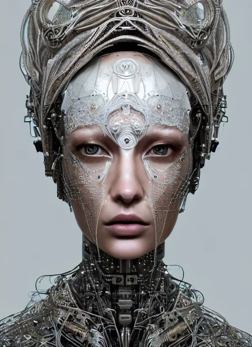 Image similar to portrait of an absurdly beautiful, graceful, sophisticated, fashionable cyberpunk mechanoid, hyperdetailed illustration by irakli nadar and vania zouravliov, matt wisniewski style, intricate linework, white porcelain skin, metal tribal headdress, day - glow face paint, unreal engine 5 highly rendered, global illumination, radiant light, detailed and intricate environment