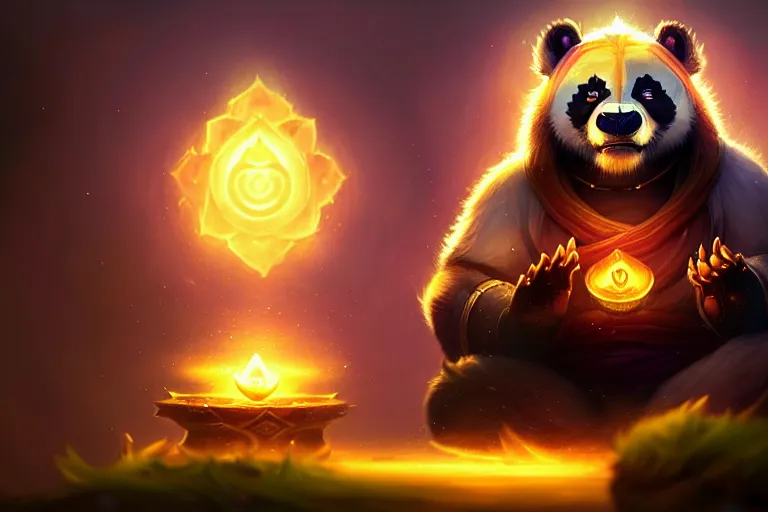 Image similar to [ important ] amazing portrait of a pandaren meditating [ / important ], hearthstone splash art, deiv calviz, splash art, natural light, elegant, intricate, fantasy, atmospheric lighting, by greg rutkowski, hearthstone splash art, hd wallpaper, ultra high details, cinematic composition