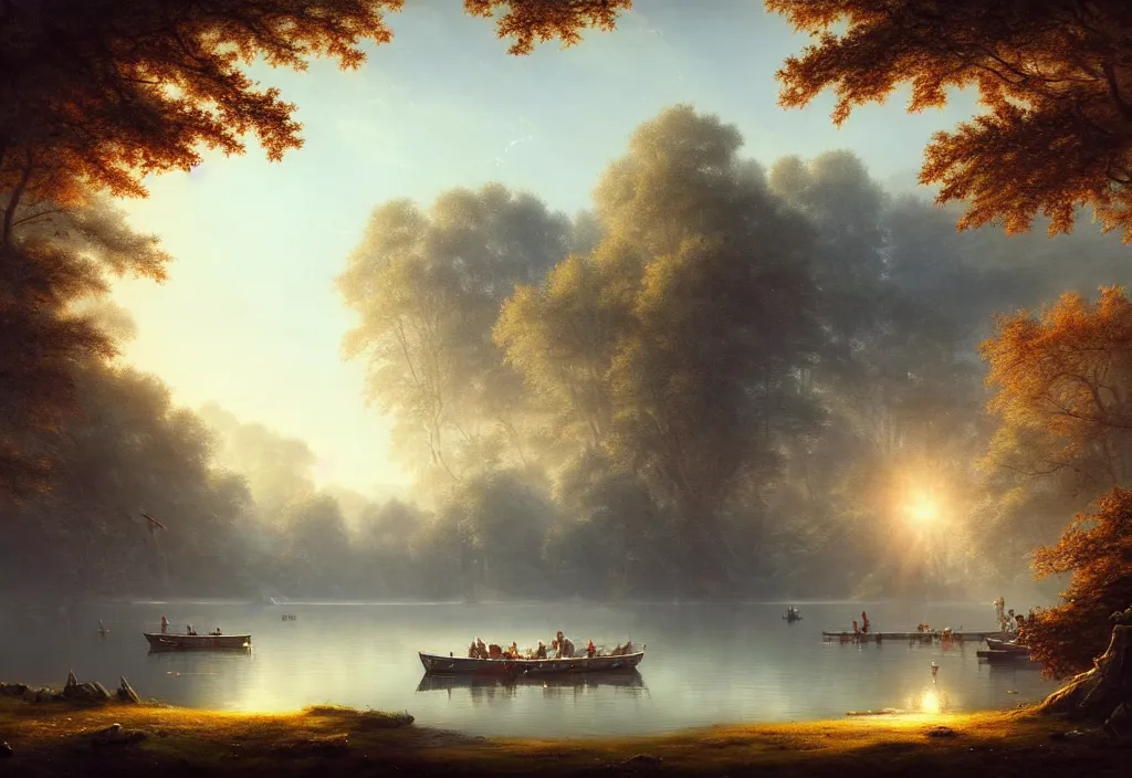 Prompt: lake surrounded by woodland with several small boats, town at the waters edge, epic blue sky, cinematic view, concept art, high detail, well lit, volumetric, godrays, vivid, trending on artstation, by jordan grimmer, art greg rutkowski