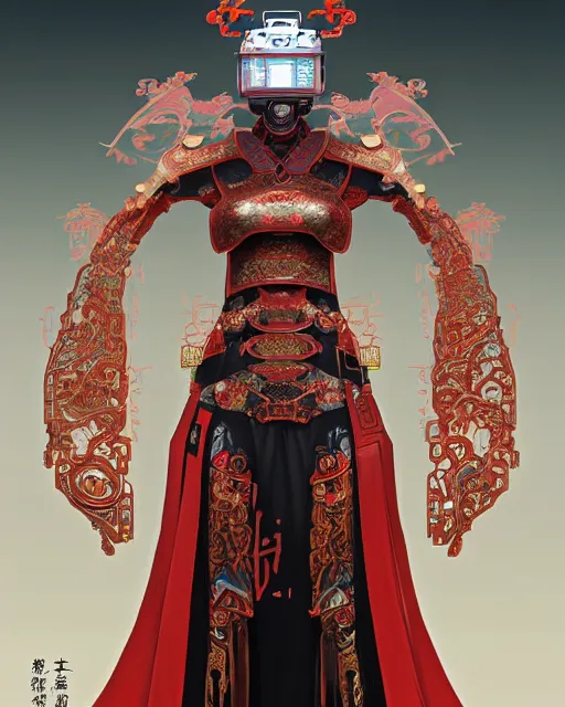 Image similar to portrait of a chinese cyberpunk machine, machine face, robed, upper half portrait, decorated with chinese opera motifs regal royal fierce machine robot cyberpunk fine china, wuxia, traditional chinese art intricate intense elegant highly detailed digital painting artstation concept art smooth sharp focus illustration, art by artgerm and greg rutkowski alphonse mucha 8 k