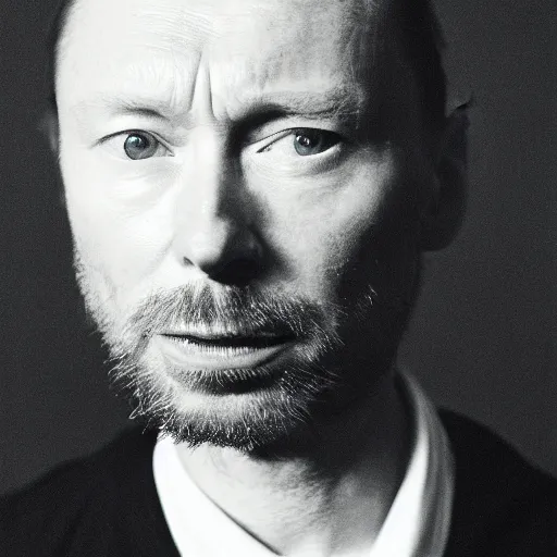 Image similar to Thom Yorke, Thom Yorke, with a beard and a black jacket, a portrait by John E. Berninger, dribble, neo-expressionism, uhd image, studio portrait, 1990s