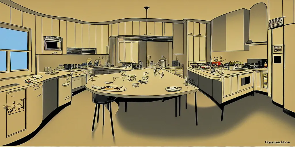 Prompt: curved perspective digital art of a dim lit kitchen by charles addams and hiroshi nagai