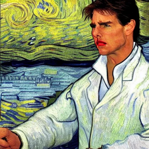 Image similar to Tom Cruise in white lab coat by Van Gogh