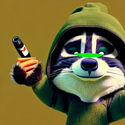 Prompt: a very relaxed stoner with a black hoodie on with a raccoon head from zootopia, wearing beanie, holding a small vape, blowing out smoke, 3 d render, extremely detailed fur, wearing a marijuana t - shirt