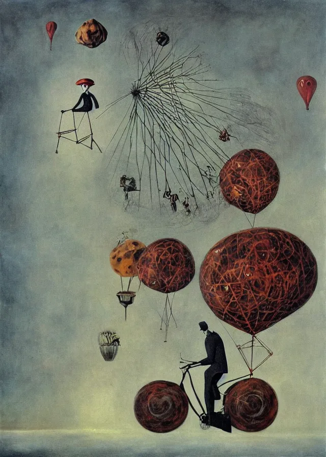 Prompt: a mysterious traveler, riding on a surreal machine, against a wasteland with tree that grow balloons, painted on masonite, by remedios varo