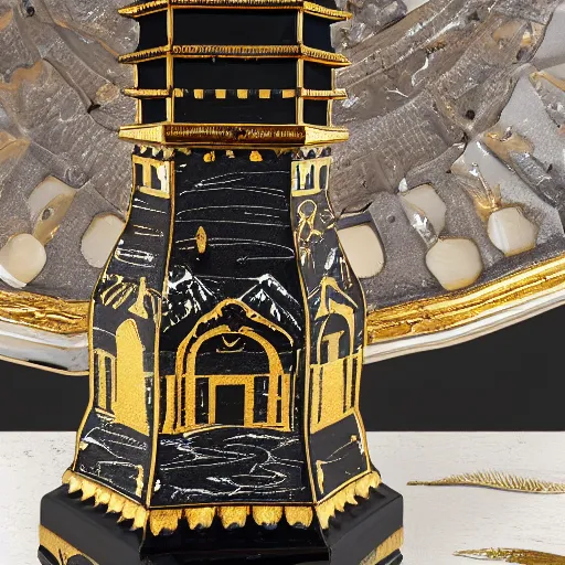 Prompt: an ornate lighthouse table statue, detailed with white and gold filagree and goldleaf decorative elements, sitting on a desk, painstaking detail, black lacquer, glossy shiny reflective, splashed with graffiti art