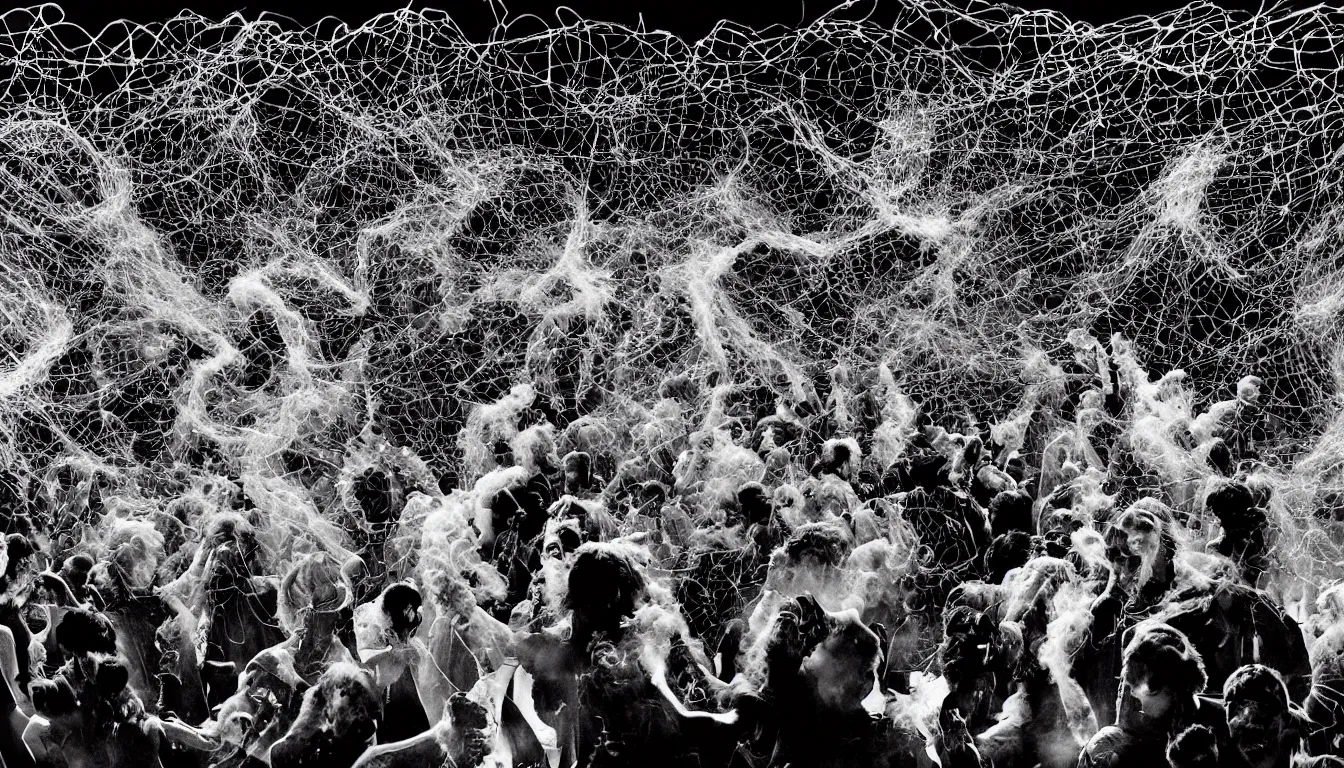 Prompt: in the style of Kevin O’Neil , 2000AD ,feedback loop , burst of powders ,detailed entangled fibres ,volumetric lighting, twisting vapour, bellowing dust ,flowing shimmering fabrics, emerging hands and an ancient male bearded face , Hundreds of humans , emerging hands and beautiful women’s and men screaming laughing and crying face , full colour , upscale , 4k