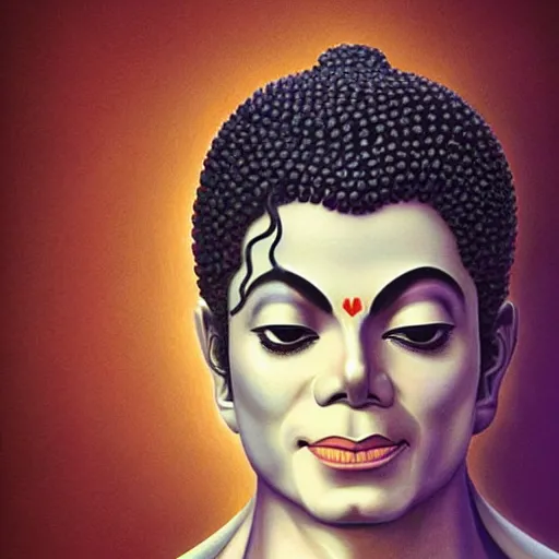 Image similar to michael jackson as buddha follower. matte, facial features, symmetrical anatomy, hyperdetailed, digital art, baroque, pop punk art style, fantasy, body features, posse features, without duplication, art by artgerm and ilya kuvshinov and vinicius gud and gustavo zambelli, intricate, photoshop render.