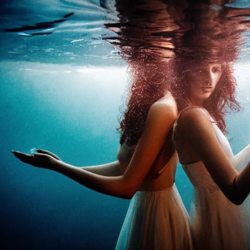 Prompt: award winning photograph of two women holding hands under water, volumetric lighting, flowing hair and dresses,