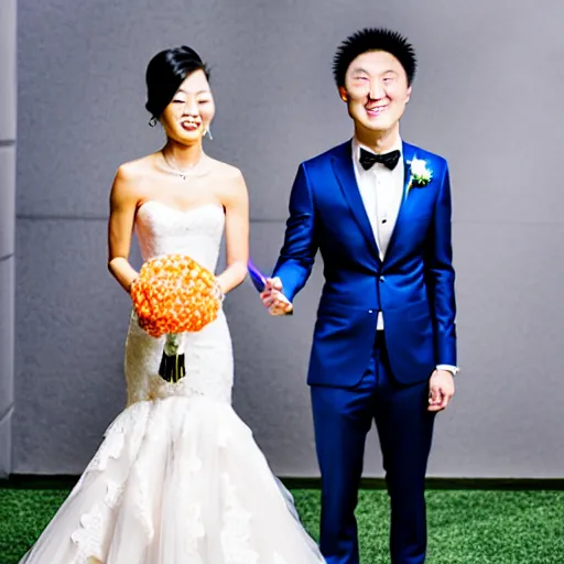 Prompt: cookie monster marrying justin sun, professional wedding photography