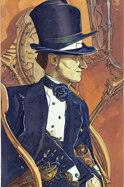 Prompt: portrait of a duke, victorian era, royal attitude, art deco, stylized illustration by moebius, juan gimenez, watercolor gouache detailed paintings in style of syd mead, metabaron, vivid colorful comics style, clean line, diesel punk, steampunk