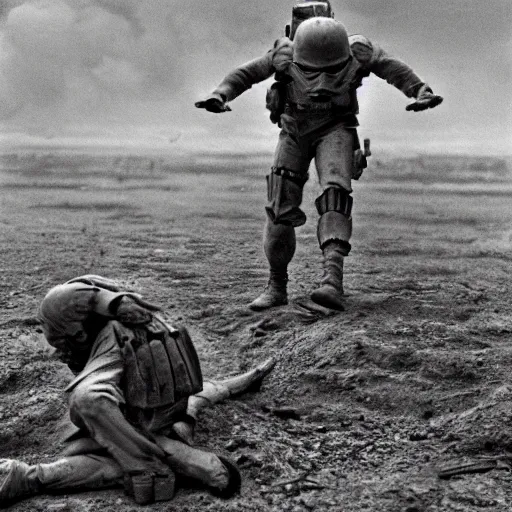 Prompt: war photography, the falling soldier, an imperial stormtrooper, zeroes in on the instant of death forever anticipated in the painting, etched into the public's mind, groundbreaking, breathtaking, awardwinning, by robert capa, digital intricate art, hyperrealist, detailed, 8 k, 3 5 mm, canon, extreme long shot